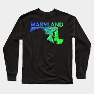 Colorful mandala art map of Maryland with text in blue and green Long Sleeve T-Shirt